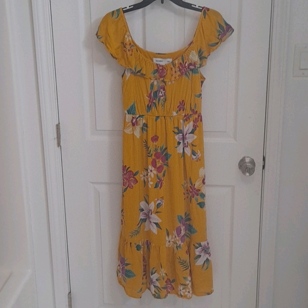 Old Navy Mustard Yellow Tropical Flower Ruffle Vacation Cruise Summer Sundress